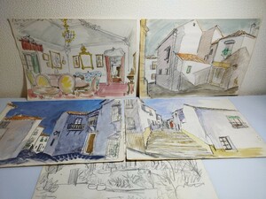 【水彩画】風景画５枚　詳細不明　同一作家　鉛筆画に水彩されています　カジェ　ゴンチヤンの家　1800年代の旧家　イグレシヤマジョール