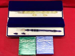 佐瀬工業所　ガラスペン　ひねりガラスペン 紺+透明+WATERMAN インク 2点　工芸品 硝子工芸 文房具 万年筆　M-1215-3