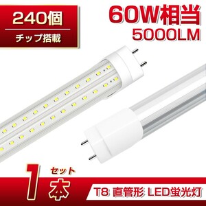 即納 送料込 1本 60W形 直管LED蛍光灯 業界最高 5000lm 1200mm T8 240個素子 昼光色6500K G13 照射角270° AC85-265V 1年保証 学校倉庫D22