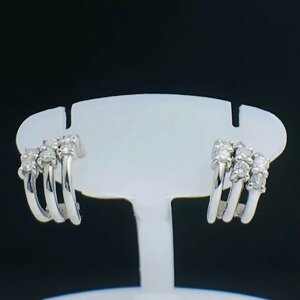 【77】 Pt900 ダイヤ ピアス フープ 3連 キラキラ ダイヤモンド 普段使い さり気ない 9.0mm D0.1ct×2 2.5g (1372）