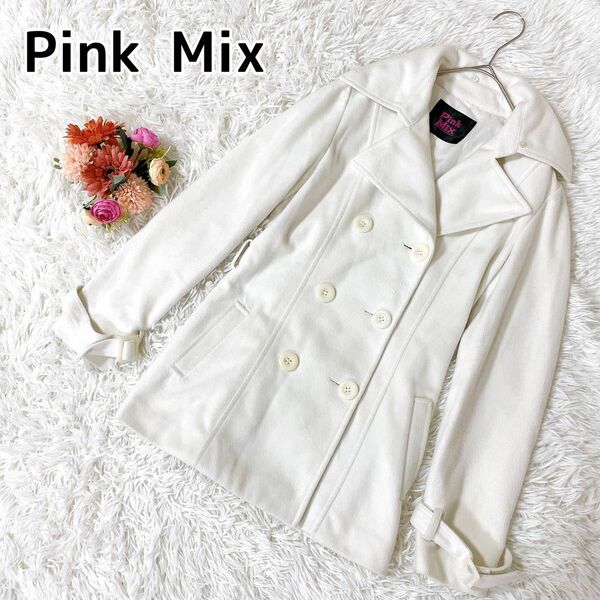 pink mix★ジャケット ロングコート S M L白 ピンクミックス 上着 ピーコート コート フリーサイズ ホワイト 防寒