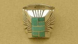 ５００円スタート！！ NAVAJO Chester Benally turquoise channel inlay ring 18号 ナバホ ズニ イスレタ ホピ インディアンジュエリー