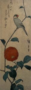 【真作】歌川広重「文鳥と椿 短冊」本物 浮世絵 錦絵 木版画