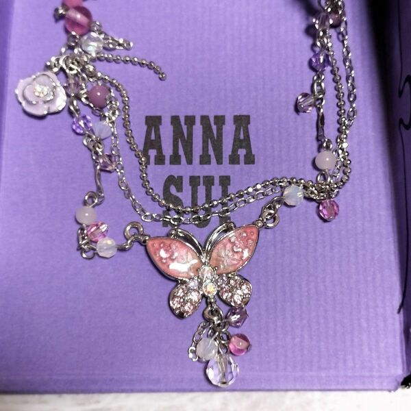 美品 ANNA SUI アナスイ ネックレス パピヨン バラ 蝶 薔薇 ピンク パープル 3連 アクセサリー