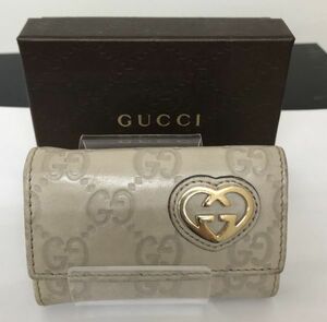 現状品 GUCCI 6連キーケース 257217・496334 グッチシマ ラブリーハート シマレザー 鍵入れ レディース アイボリー系 GG グッチ 192717