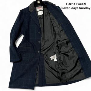 美麗品◎Sサイズ ハリスツイード【王者の風格】HARRIS TWEED×SEVENDAYS ツイード チェック チェスターコート ネイビー ウール◎メンズ