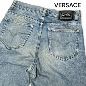 最高級◎Lサイズ位 ヴェルサーチ【王者の風格】VERSACE メデューサ ロゴ タグ デニム パンツ ジーンズ 銀ボタン インディゴブルー◎メンズ