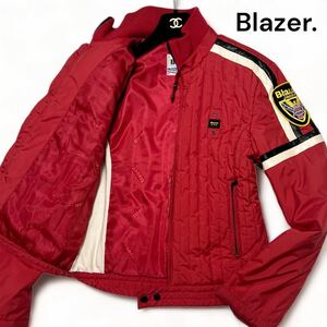 美麗品◎Mサイズ!! ブラウアー【幻の逸品】Blauer. USA ワッペン ライダース ジャケット レッド 裏地 総ロゴ スタンドカラー◎メンズ