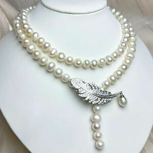 リーフデザイン本真珠ネックレス9mm 天然パールネックレス88cm necklace Pearl jewelry 