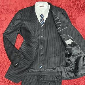 超希少LLサイズ!! 未使用級●メンズティノラス【圧倒的光沢】MEN’S TENORAS スリーピース スーツ セットアップ ストライプ 美シルエット