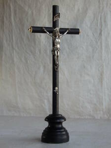 フランスアンティーク 十字架 1900年 黒 クロス スタンド 置き物 キリスト 聖品 教会 装飾 インテリア ブロカント 古い 