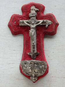 フランスアンティーク 十字架 1880 19世紀 クロス ウォール ベルベット 壁掛け 聖品 キリスト 教会 装飾 蚤の市 ベネティエ 古い