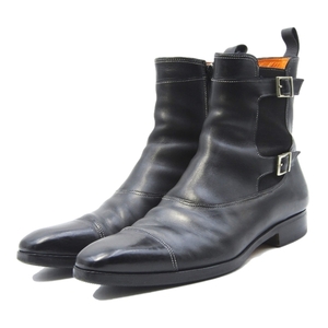 Santoni サントーニ UK6.5 サイドジップブーツ キャップトゥ サイドゴア ストラップ ベルテッド ブラック 黒 10007101