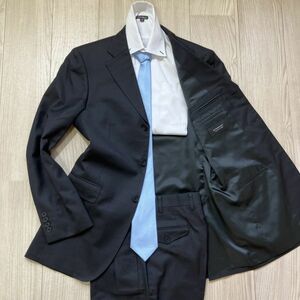 【至極の逸品】 バーバリー ブラックレーベル　40R（L程度） 黒　ブラック　シルク混　スーツ　総裏　3B　セットアップ　メンズ　ウール