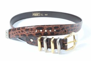 GIANNI VERSACE ヴェルサーチ ベルサーチ 本革 メンズ ４連 ベルト クロコ調 ブラウン レザー シルバー ゴールド 0065-MF①