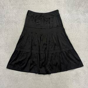 100円スタート♪ （7）シルクスカート　サイズS　ギャザー　モード　膝丈スカート　絹95%　ブラック　黒
