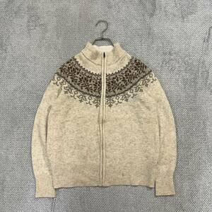 100円スタート♪ （17）Eddie Bauer エディーバウアー　ニットジャケット　ラムウール　サイズL　刺繍デザイン　ホワイトベージュ セーター