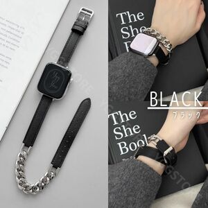 アップルウォッチ 多重 二重巻き チェーン レザー バンド W ダブル applewatch グルメット ステンレス 本革 黒 ブラック 38 40 41