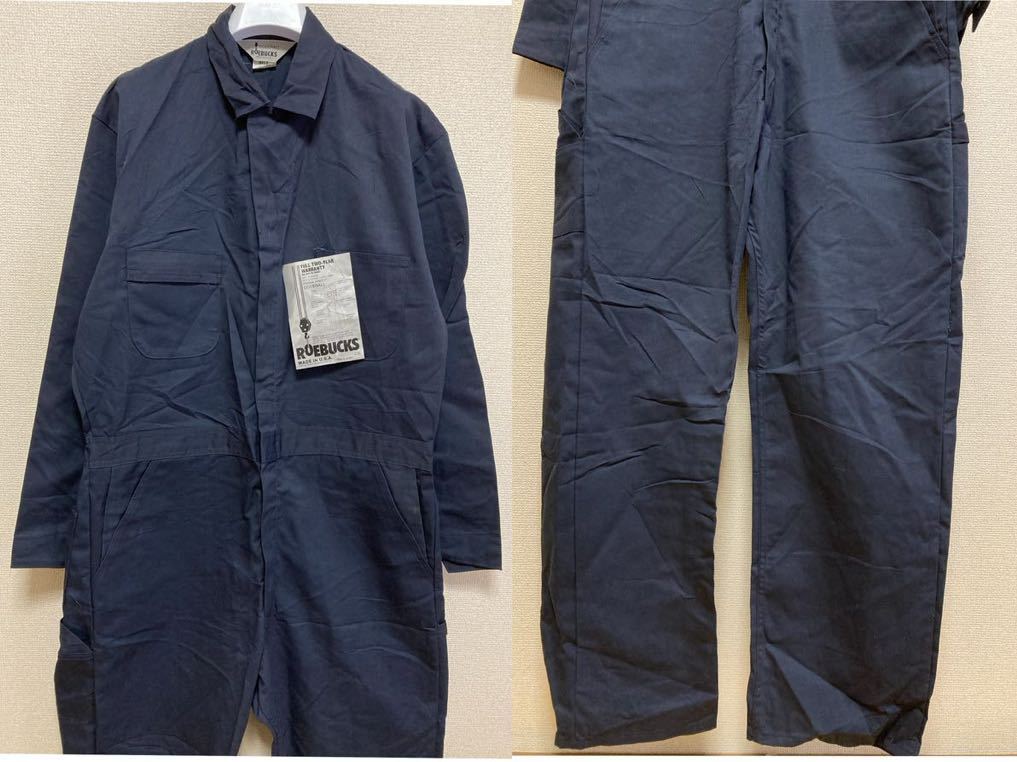 デッドストック80\' 90\'s USAヴィンテージ ROEBUCKS つなぎ オールインワン ワーク ネイビー 白タグ USA製 カバーオール 46T TALONジップ