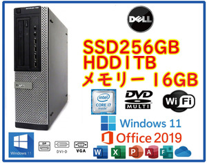 ★送料無料★スリムPC★超高速 i7(3.8GHz)/大容量SSD256GB+大容量HDD1TB/メモリ16GB/Wi-Fi/Win11/Office2019/DELL OPTIPLEX 990 DT