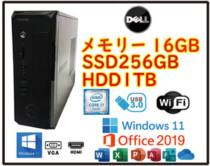 ★送料無料★スリムPC超高速 i7(3.8Gx8)/新品SSD256GB+HDD1TB/メモリ16GB/Wi-Fi/Win11/Office2019/HDMI/USB3.0/Vostro 270s