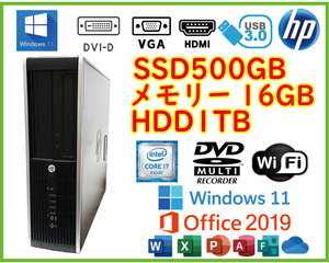 ★送料無料★スリムPC★超高速 i7(3.9GHz)/新品SSD500GB+大容量HDD1TB/メモリ16GB/Wi-Fi/Win11/Office2019/HDMI/USB3.0/HP 6300 Elite SFF