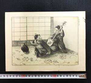 Y347 砂目石版画◆少女の弾弦◆猫 子供 童 三味線 和楽器 東京日本堂製 風俗 戦前 明治時代物 浮世絵UKIYOE和本古書 版画 絵画 骨董 古美術