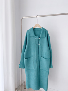 人気 コートセーター ニット カーディガン 羽織物 アウター 前開け ゆったり ハートのボタン 大きなポケット グリーン