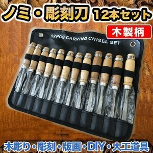 のみ 12 本 セット 木製柄 ハンドツール 彫刻刀 ノミ 大工道具 鑿 木彫 小刀 研磨 木工 DIY 工具 クラフト