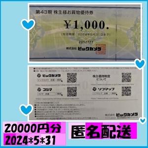 20000円分 ビックカメラ 24*5*31 ソフマップ各店（ユーフロント店は除く）コジマ各店 一部を除きインターネットサイトの利用も可