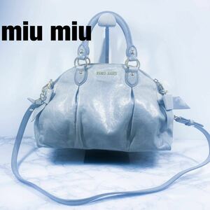 【超美品】ミュウミュウ　miumiu 2WAY ハンドバッグ ショルダーバッグ トートバッグ　バッグ　レザー 革 リボン　ダメージ加工　グレー