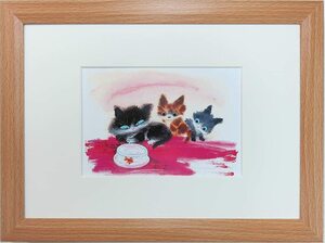 【模写】新品 渡辺あきお ねこ 猫 ネコ 猫の絵 金魚 現代アート 額装付き 壁掛け 絵画 インテリア 絵 アートポスター オフセット 213x288mm