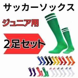 【2足セット】サッカーソックス　18～24　高学年　ジュニア　緑 × 白　フットサル カラーソックス　サッカー　部活　白ライン