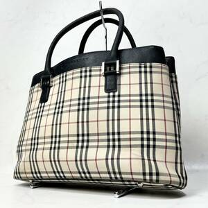 BURBERRY バーバリー ノバチェック スクエア型 ハンドバッグ ミニトートバッグ キャンバス レザー ブラウン系 レディース