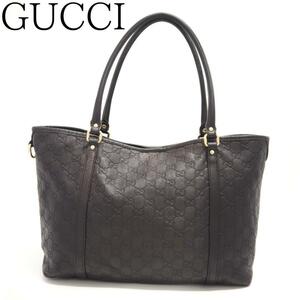 【美品】GUCCI グッチ シマ レザー GG柄 トート ハンドバック ダークブラウン 肩掛け ラージ A4収納可 ゴールド金具 レディース 茶色 a01