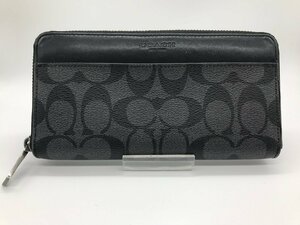 ■【YS-1】 コーチ COACH シグネチャー 長財布 ■ ラウンドファスナー 黒系 小銭入れ有り 横20cm×縦10cm 【同梱可能商品】K■