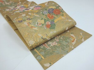 【歳末感謝SALE】1,000→500円☆51015-1☆中古美品 袋帯 地紙に藤菊牡丹と鶴模様 金色