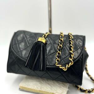 美品 1円 CHANEL シャネル キャビアスキン マトラッセ フリンジ ショルダーバッグ キルティング ブラック ゴールドチェーン 2番台