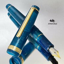 ◆●【JINHAO/ジンハオ】アクリル万年筆 トランスルーセント 半透明 ディープブルー ラメ ゴールドトリム Ｍ中字 両用式 新品 単品/JH147BL_画像2