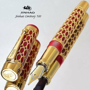 ◆●万年筆【JINHAO】 Century100 金属とアクリルの融合 両用式 透かし万年筆 EF レッド 赤軸 レッド×ゴールド 新品 1円～/JH145RD