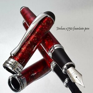 ◆●万年筆【JINHAO/金豪】ジンハオ X750 シリーズ メタリックレッド軸 太軸 両用式 滑らかな書き味 F細字 大型18KGP 赤 艶 光沢 新品/JH5F