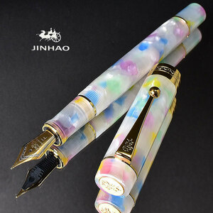 ◆▲僅少入荷! ペンケース付 万年筆【JINHAO/ジンハオ】100 ホワイトマルチ モザイク アクリル 太軸 F 細字 ギフト 1円～ 新品 /JH64F-BOX