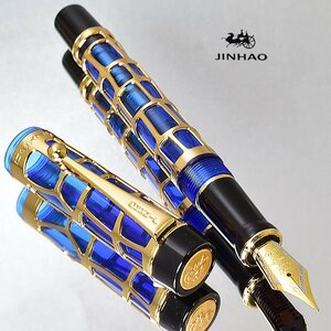 ◆●万年筆【JINHAO】Century100 金属とアクリルの融合 両用式 スケルトン 万年筆 EF極細 ブルー 青 透明軸 デモンストレーター /JH125BL