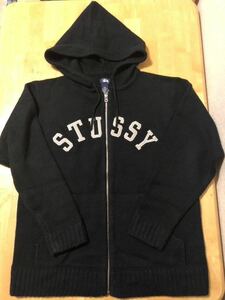 90’s old stussy used オールド ステューシー アーチロゴ ニット ジップアップパーカー パーカー フーディ ブラック 古着