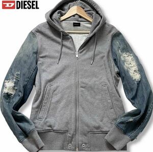 極美品/XL相当●DIESEL ディーゼル デニム切替 パーカー Gジージャン ジャケット ジップアップ フード インディゴ ダメージ加工 ロゴ金具