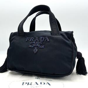 極美品●PRADA プラダ ミニハンドバッグ ロゴビーズ ビジュ フリンジ タッセル 紺 テスートナイロン 白タグ ポコノ ポーチ レディース