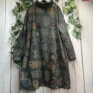 FW０４６６３－３＊新作＊花葉っぱ柄プリント★オフタートル★チュニックワンピース＊裏起毛＊ポケット付き＊サイズM～L ゆったり　伸縮　