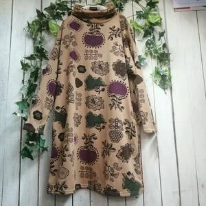 FW０４６６３－２＊新作＊花葉っぱ柄プリント★オフタートル★チュニックワンピース＊裏起毛＊ポケット付き＊サイズM～L ゆったり　伸縮　