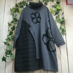 FW０４６５５＊新作＊キルティング★花デザイン＊チュニックワンピース＊ポケット付き＊起毛＊軽量＊黒グレー＊サイズM～L 　ゆったり　