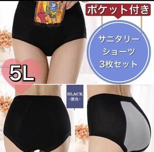 ポケット 付き サニタリー ショーツ 3枚 セット 5L 4XL ブラック 黒 生理 下着 パンツ 産褥 大きいサイズ パンツ サニタリーショーツ